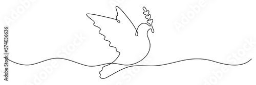 Flying dove with olive branch continuous one line drawn. Freedom bird symbol. Vector illustration isolated on white.