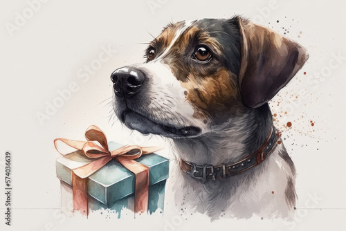 Dog with a gift, watercolor style. AI generative.