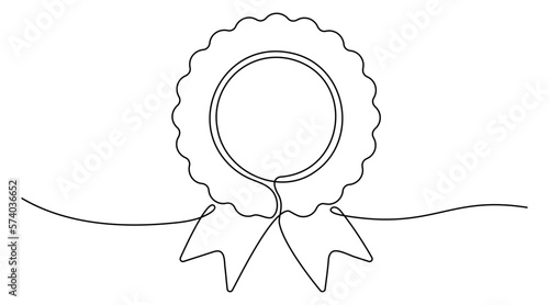 Award badge continuous line art drawn. Winning ribbon contour line. Vector illustration isolated on white.