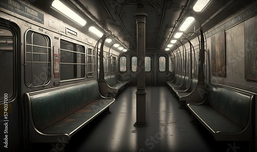  a subway car with lots of seats and lights on the side of the train car is dimly lit by the light coming from the windows. generative ai