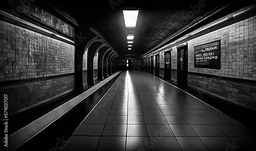  a long hallway with a sign on the wall and a light above the entrance to a subway station in black and white photo with a long shadow.  generative ai