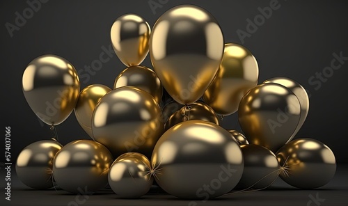  a bunch of gold balloons are stacked on top of each other on a black surface with a black background and a black background behind it. generative ai