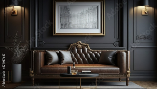 A luxurious living room with beautiful upscale leather furniture and a square blank frame mockup, rendered in photorealistic detail for an ultra-realistic perfection © Kaare