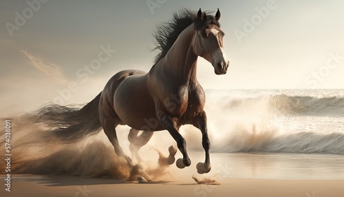 beautiful image of a huge brown horse running on the beach in the sand 