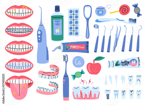Vector dental oral care hand drawn doodle set. Smile and teeth care mouthwash, toothpaste, tongue scraper tools. Dentistry plaque tablets, water flosser and different types of toothbrush illustration