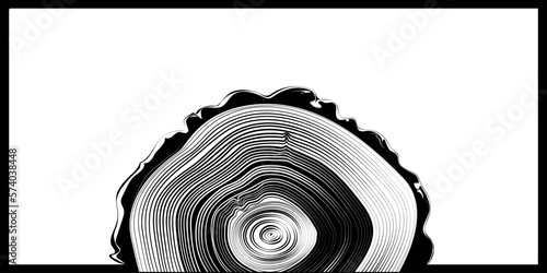 White background with black frame with black and white outline image of a cut tree. Black and white blank for a label or postcard with a woodcut image