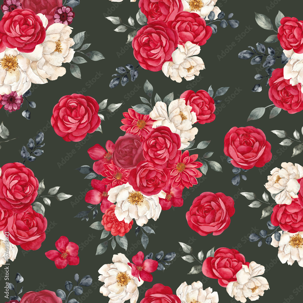 Seamless pattern with watercolor flowers and leaves in trendy color of viva magenta, isolated on colored background
