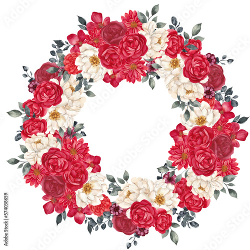 Watercolor wreath with magenta colors  pink and red flowers  isolated on white background
