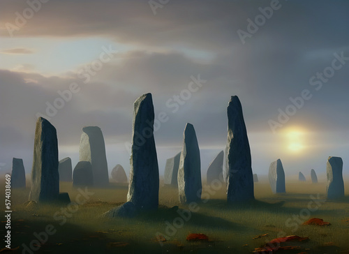 Painting of the sun rising in a cloudy sky over an ancient stone circle with grass and rocks on the ground, generative ai.