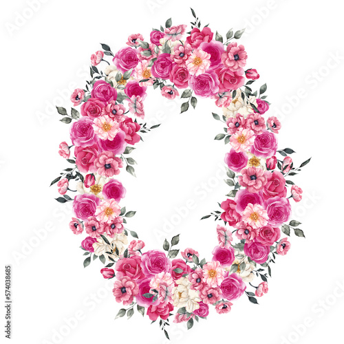 Watercolor wreath with magenta colors  pink and red flowers  isolated on white background
