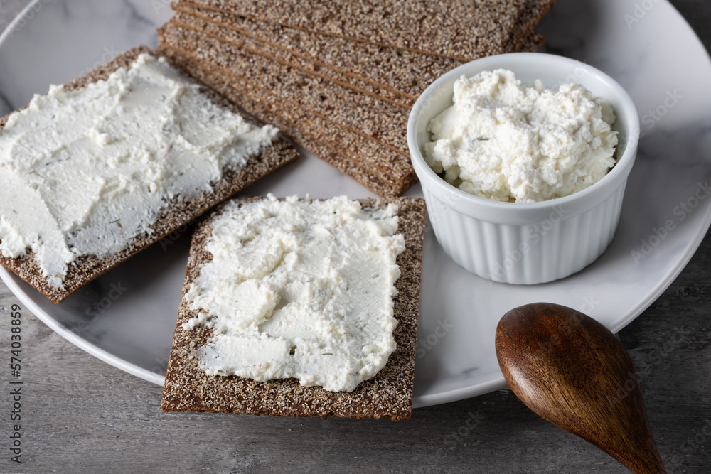 Homemade crispbread toast with cottage cheese