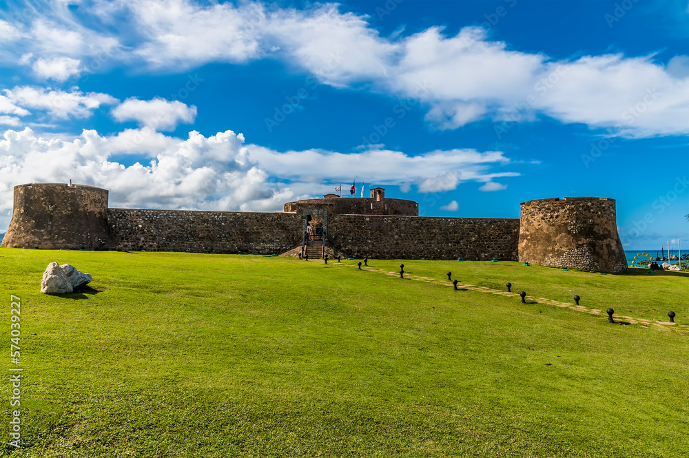 A panorama view across the front of the old fort at Puerto Plata, Dominion Republic on a bright sunny day