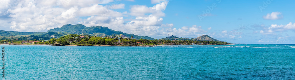 A view across the bay at Puerto Plata in the Dominion Republic on a bright sunny day
