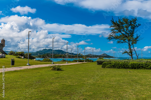 A view from the shore at Puntilla Park the bay at Puerto Plata, Dominion Republic on a bright sunny day