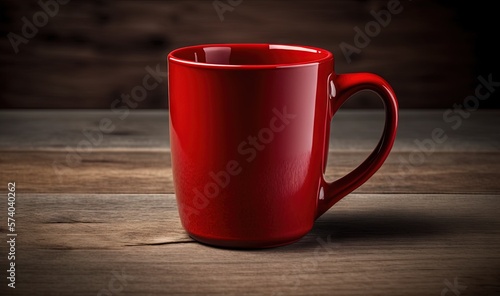  a red coffee cup sitting on top of a wooden table next to a wooden wall and a wooden floor with a wooden plank in the background.  generative ai