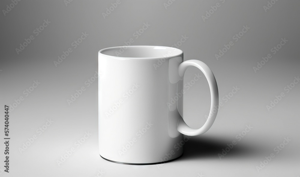 a white coffee mug sitting on top of a gray tableclothed flooring with a shadow of the coffee cup on the floor behind it. generative ai a white coffee mug sitting on top of a gray tableclothed flooring with a shadow of the coffee cup on the floor behind it. generative ai