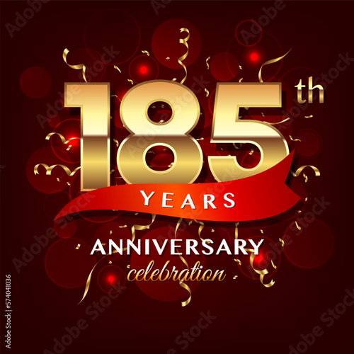 185th Anniversary logo design with golden number and red ribbon for anniversary celebration event  invitation  wedding  greeting card  banner  poster  flyer  brochure  book cover. Logo Vector Template