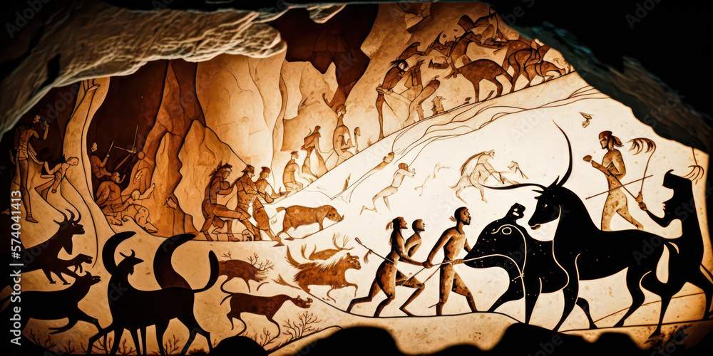 Ancient cave painting depicting various ice age animals and human