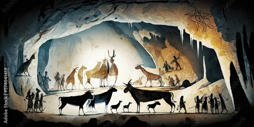 Ancient cave painting depicting various ice age animals and human