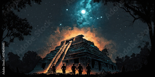 Fotografia A group of Maya astronomers observing the stars and planets from a temple atop a pyramid in the rainforest of Central America
