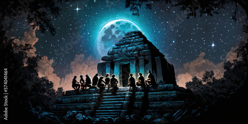 Tela A group of Maya astronomers observing the stars and planets from a temple atop a pyramid in the rainforest of Central America