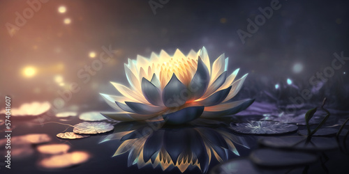 illuminated lotus flower reflecting in the water. Generative AI © Marc Andreu