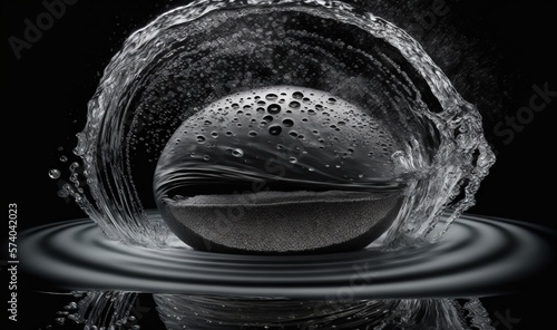  a black and white photo of a ball of water with a black background and a splash of water on the top of the ball and bottom of the image.  generative ai photo