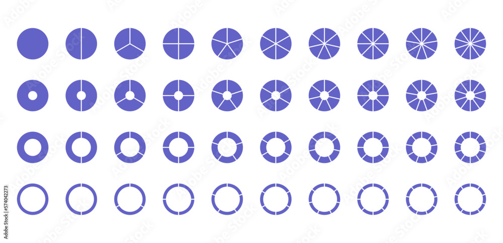 Circular structure chart. Ring graph divided into pieces. Blue circle section template. Pie diagram. Set schemes with sectors. Piechart with segments and slices. Vector illustration Circular structure chart. Ring graph divided into pieces. Blue circle section template. Pie diagram. Set schemes with sectors. Piechart with segments and slices. Vector illustration