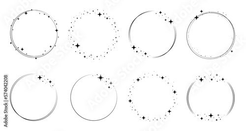 Sparkle star circle frame set. Wreath ring stardust border for party, birthday decor design. Laurel frame with cosmic glitter shine. Isolated black flat vector illustration