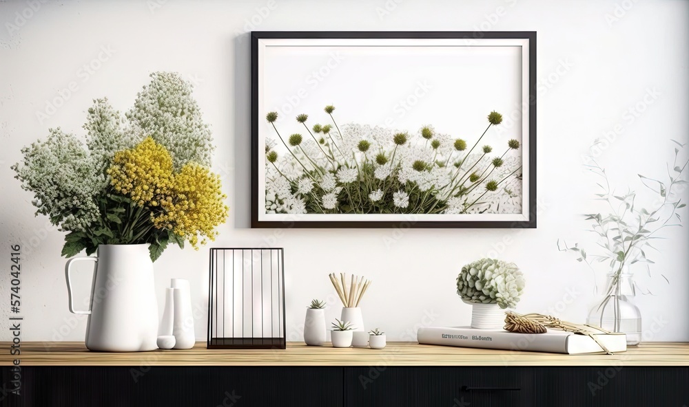 a picture of flowers and plants on a table in a room with a framed picture on the wall above it and a book on the table. generative ai a picture of flowers and plants on a table in a room with a framed picture on the wall above it and a book on the table. generative ai