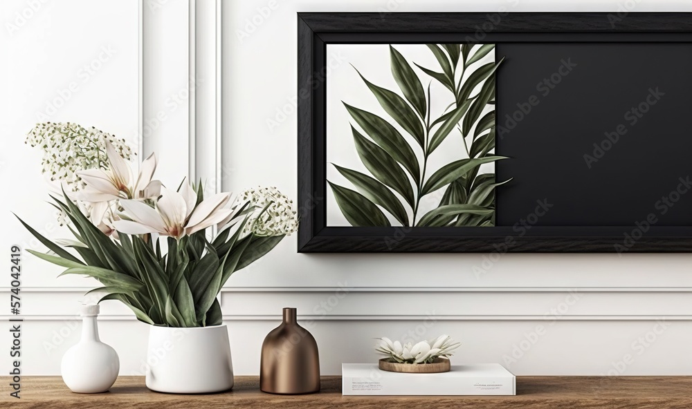 a picture of some flowers and a bottle on a table with a picture of a plant in the background and a vase with flowers in front of it. generative ai a picture of some flowers and a bottle on a table with a picture of a plant in the background and a vase with flowers in front of it. generative ai