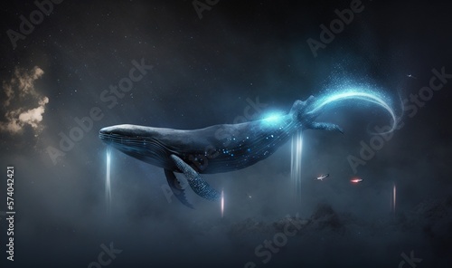  a blue whale floating in the air with a crescent around it's neck and a crescent around its neck, in the middle of the night. generative ai