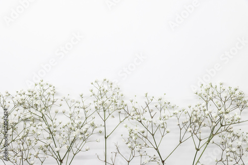 Fototapeta Naklejka Na Ścianę i Meble -  Floral composition with light, airy masses of small white flowers on turquoise white background, top view, frame. Gypsophila Baby's-breath flowers