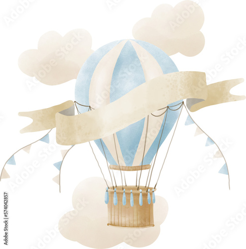 Print op canvas Watercolor hot Air Balloon with clouds and space for text