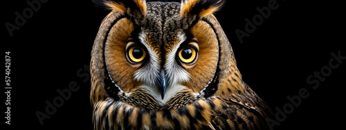 Close up of an owl. Long eared owl on black background with yellow eye.  Image created with generative ai.