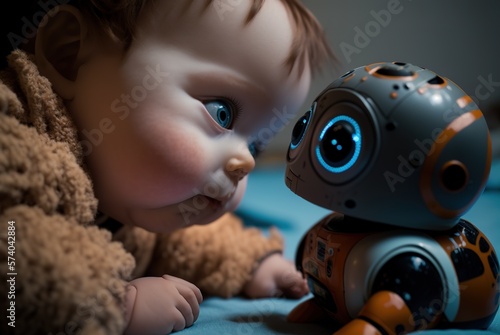 Baby lernt spielend mit einer niedlichen, künstlichen Intelligenz als Roboter. Schlauer KI Spielzeugroboter beschäftigt das Baby - Babysitter Unterstützung im Alltag als Lernroboter - KI generiert
