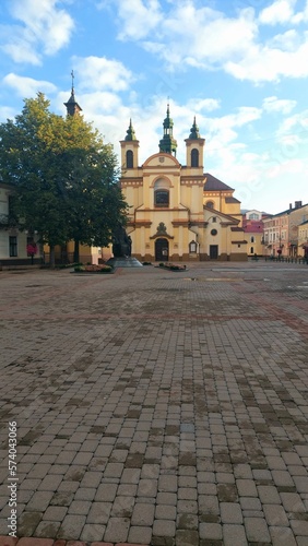 Morning in the city. Metropolitan Andrey Sheptytskyi Square. Parish church (now an art museum). Ivano-Frankivsk, Ukraine.