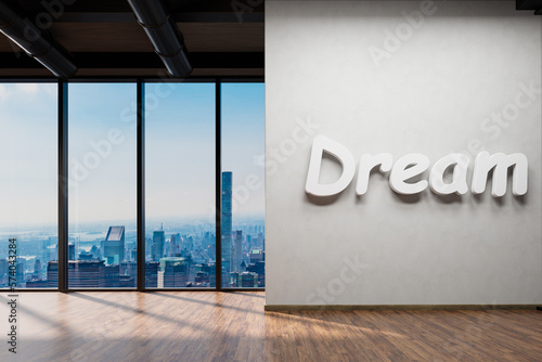 large office with white wall and white dream lettering; copy space in front of panoramic window skyline view, 3D Illustration