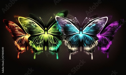  three colorful butterflies on a black background with a black background and a black background with a black background and a black background with a white border. generative ai