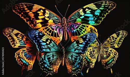  a group of colorful butterflies with different colors on their wings, all facing different directions, all on a black background, with a black background. generative ai