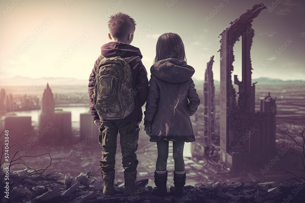 Couple of refuge kids looking at ruins of their hometown. Natural disaster and war dystopia concept. Generative AI