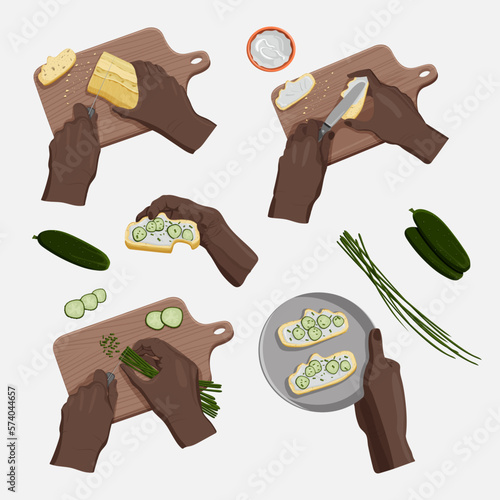Black man hands cutting bread, spreading cream chese, cutting spring onion and kepping healthy vegan sandwich on white background. Process of cooking. Top view. Vector isolated flat pictures set