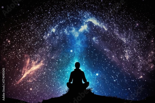 Silhouette of man against the universe's cosmic background. Meditation and spiritual life. Generative AI.