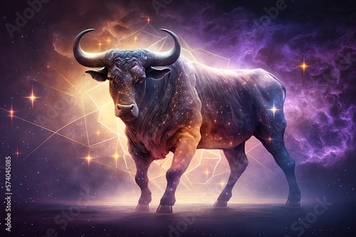 Taurus zodiac sign against space nebula background. Astrology calendar. Esoteric horoscope and fortune telling concept. Generative AI.