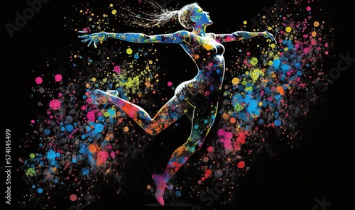  a painting of a woman dancing with colored paint splatters all over her body and arms, and arms, and legs, and feet. generative ai