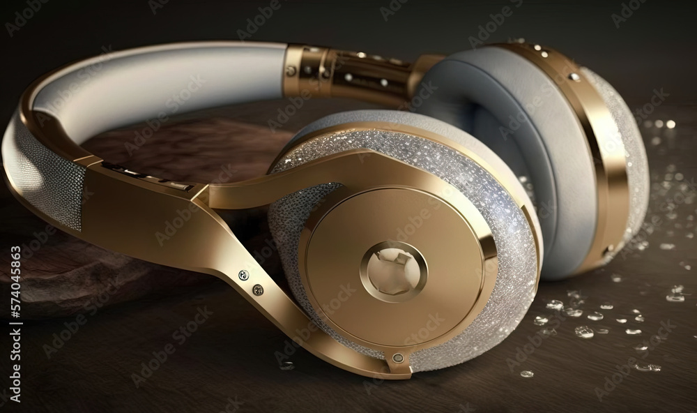 a pair of gold headphones sitting on top of a wooden table next to a wooden block of wood and water droplets on the floor. generative ai a pair of gold headphones sitting on top of a wooden table next to a wooden block of wood and water droplets on the floor. generative ai