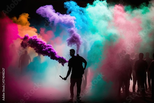 Holi Festival celebration: Bright colorful powders in the air. People silhouettes.