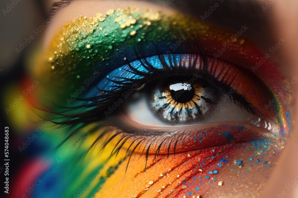 A woman's eye close-up with colorful makeup. Holi Concept. Generation AI