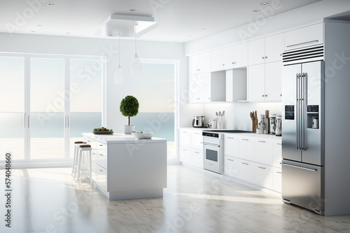 well lit modern white kitchen with fabolous ocean view made with Generative AI