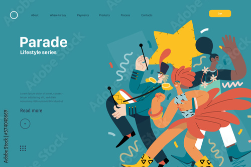 Lifestyle web template - Parade - modern flat vector illustration of people marching together, taking part in parade or rally. Male and female protesters or activists. People activities concept